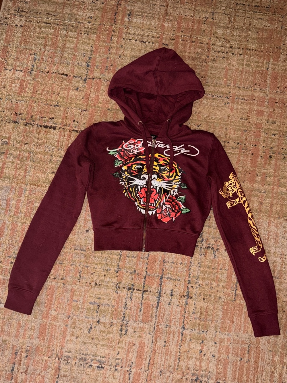 Ed Hardy Maroon Zip-Up Hoodie with Tiger & Rose Graphic